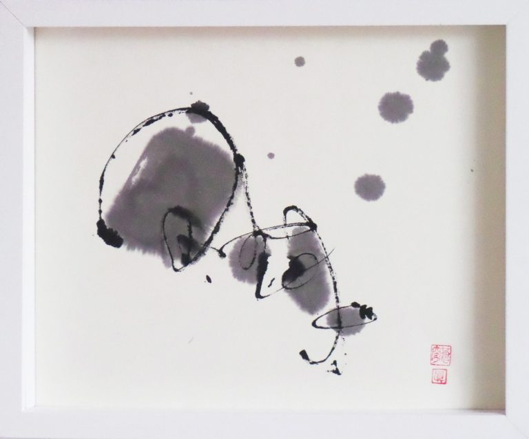 Abstrakte Sumi-e-Zeichnung mit fließenden Linien. Moderne Formen und schlichte Farben sind die Essenz von Zen.