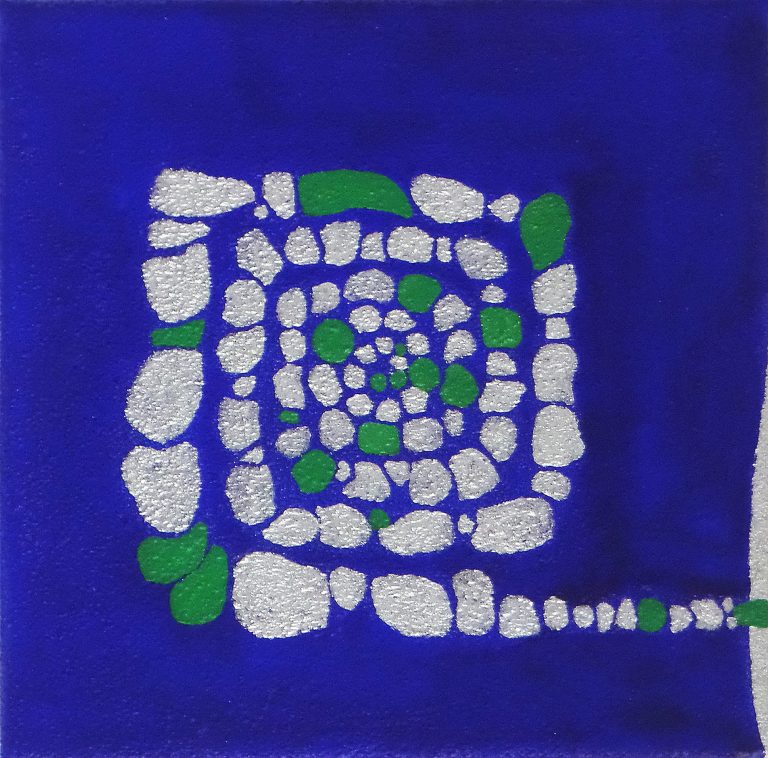 Blauer Hintergrund mit spiralförmigem Muster aus weißen und grünen Blasen. yamakawa.eu/acrylic-painting/blue-whirl-3 