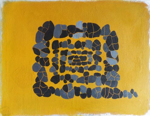 Abstrakte Komposition aus steinartigen Formen auf gelbem Hintergrund. https://yamakawa.eu/tempera-gallery-direct-sales/pebbles-in-the-yellow