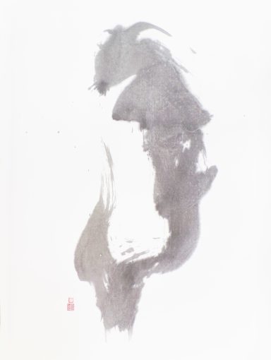 Abstrakte Sumi-e-darstellung in Grautönen, zeigt eine fließende Form. https://yamakawa.eu/sumi-e-gallery/mermaid