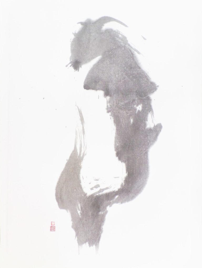 Abstrakte Sumi-e-zeichnung, die eine stilisierte menschliche Form zeigt.