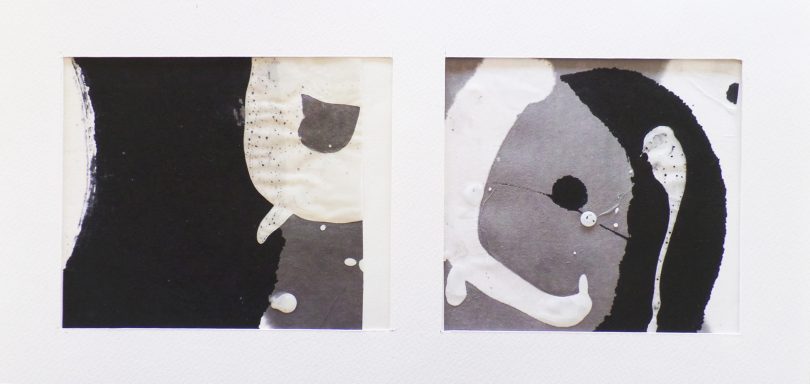 Eye to eye Zwei abstrakte Quadrate in Schwarz-, Grau- und Weißtönen mit organischen Formen.