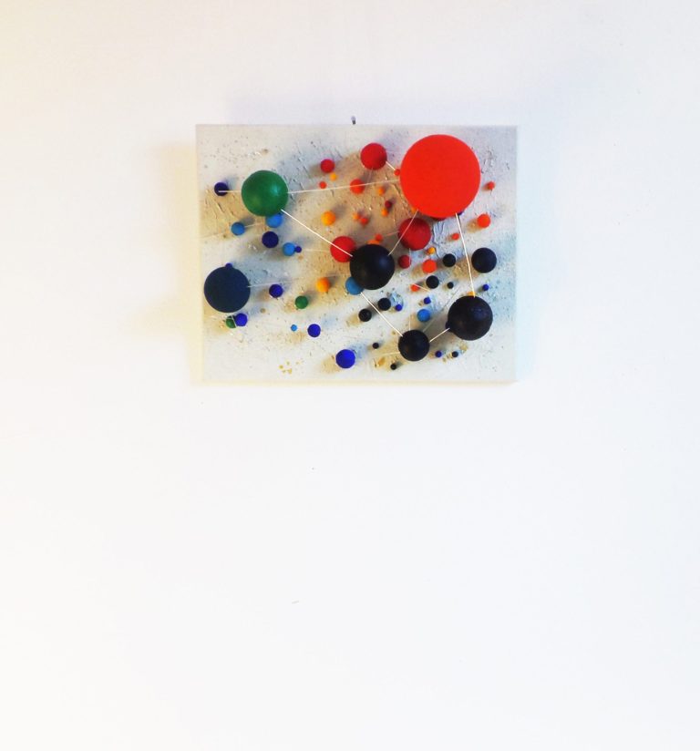 Farbenfrohes Kunst mit verschiedenen kreisförmigen Elementen aufgebaut  Leinwand. yamakawa.eu/acrylic-painting/nanoparticles-in-design.
