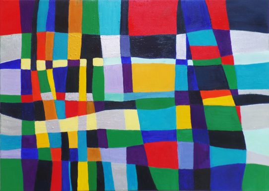 Ara moves on Abstrakte Komposition aus bunten geometrischen Formen und Linien.