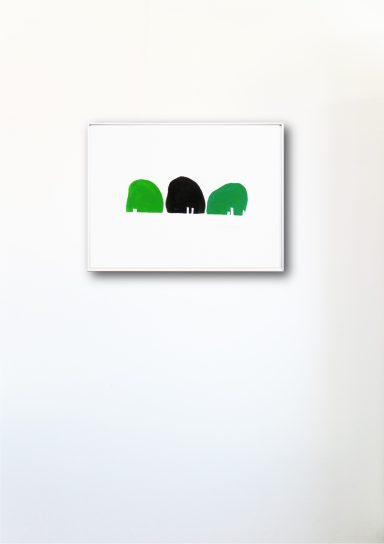 Abstraktes Bild mit drei bunten Formen: zwei grüne und eine schwarze.