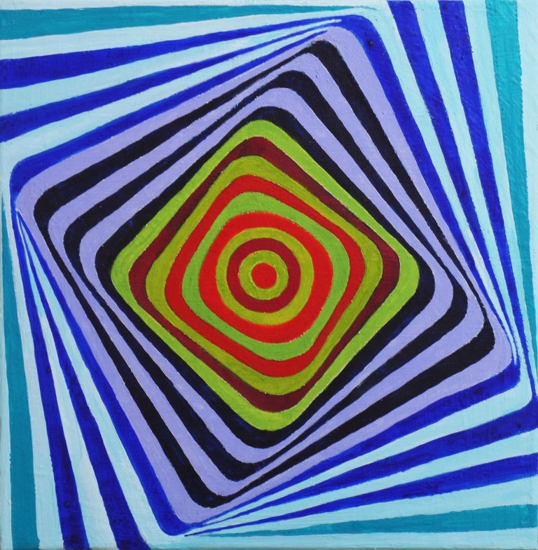 Abstrakte geometrische Kunst mit konzentrischen Ringen in lebhaften Farben. https://yamakawa.eu/direct-sales-stripes-gallery/turn-me/