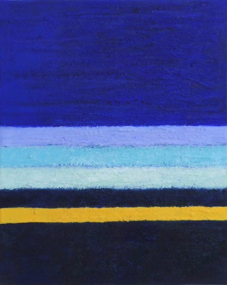 Abstrakte Farbkomposition mit Blau- und Gelbtönen in horizontalen Streifen. SOLD. yamakawa.eu/direct-sales-stripes/sea-view-by-gibraltar/