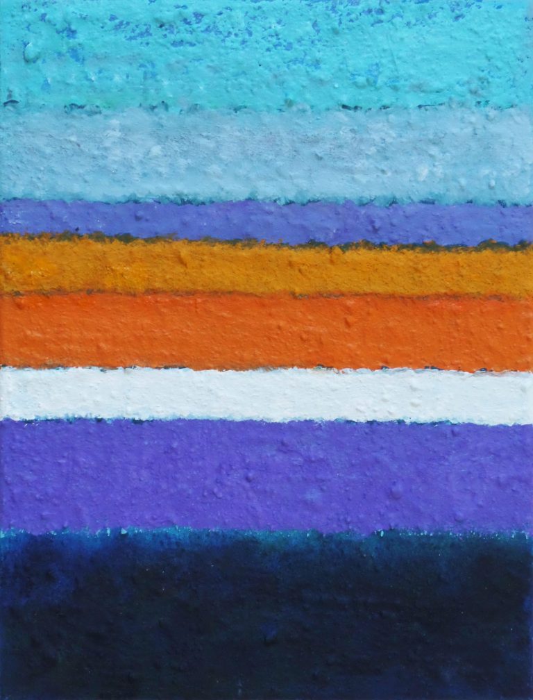 Bunte horizontale Streifen in Blau-, Orange- und Lilatönen auf Leinwand. yamakawa.eu/direct-sales-stripes/a-summer-day-in-provance/
