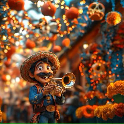 Ein fröhlicher Mariachi mit Trompete, umgeben von bunten Dekorationen und Lichtern. yamakawa.eu/direct-sales-stripes-gallery/fera-in-Sevilla