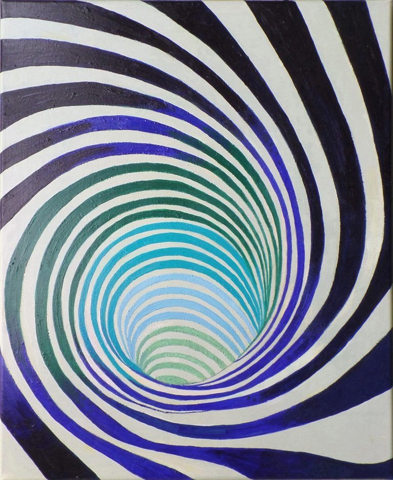 Wirbelnde Linien in Blau- und Grüntönen, die einen hypnotischen Tiefeneffekt erzeugen. yamakawa.eu/direct-sales-stripes-gallery/follow-me