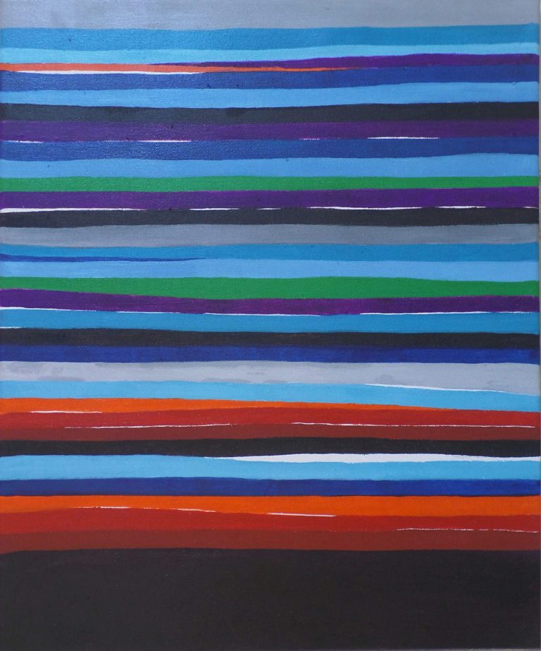 Bunte horizontale Streifen in Blau, Schwarz, Grün, Orange und Lila auf hellem Hintergrund. yamakawa.eu/direct-sales-stripes-gallery/blue-ebb