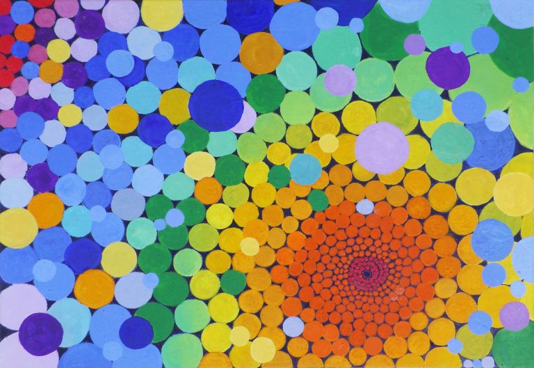 Bunte, spiralförmig angeordnete Kreise in verschiedenen Farben und Größen. yamakawa.eu/acrylic-painting/rainbow-colors-1.