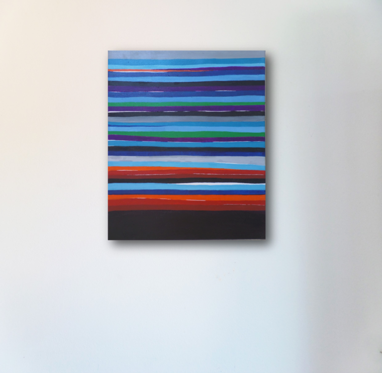 Abstrakte Malerei mit horizontalen Streifen in Blau, Grün, Schwarz und Orange. yamakawa.eu/direct-sales-stripes-gallery/blue-ebb-tide-8/